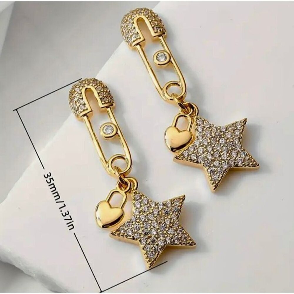 14K Gold Plated Safety Pin Earrings Star Charm Crystal Pave Unique Trendy - Picture 3 of 4